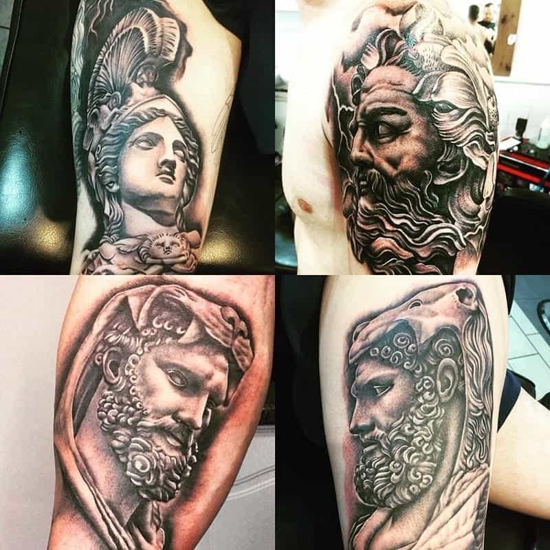 Black and Grey Greek God Zeus Tattoo by Kirstie